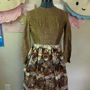 1970s Gold Metallic Brocade dress S